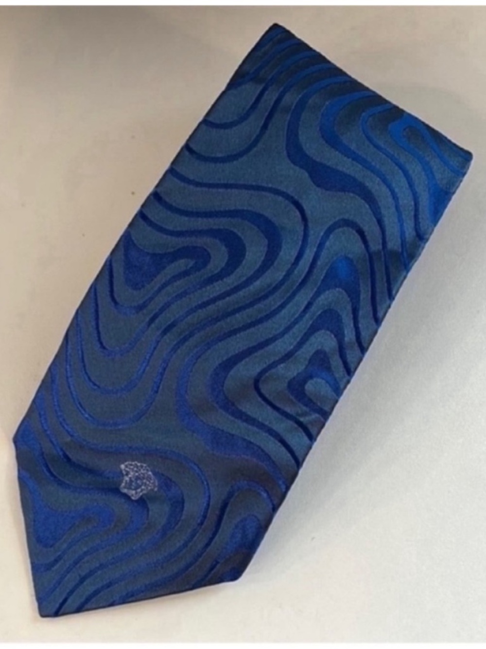 Versace Abstract Swirl Blue Silk Tie with Embroidered Medusa Logo